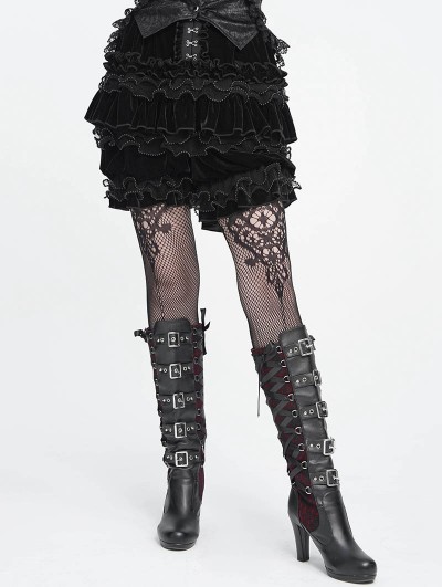 Devil Fashion Black Gothic Vintage Beaded Ruffle Velvet Bloomer Shorts for Women
