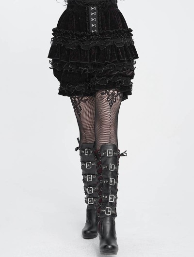 Devil Fashion Black and Red Gothic Vintage Beaded Ruffle Velvet Bloomer Shorts for Women