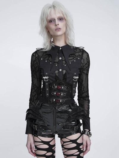 Devil Fashion Black Gothic Bat Buckle Mesh Patterned Shirt for Women
