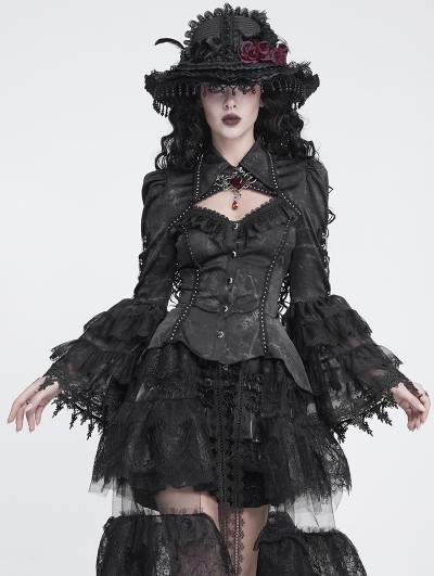 Devil Fashion Black Gothic Studded Embroidered Lace Applique Shirt for Women