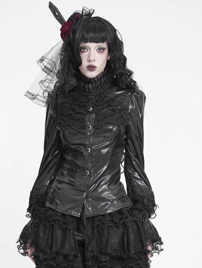 Devil Fashion Black Retro Gothic Ruffled Stand Collar Beaded Shirt for Women