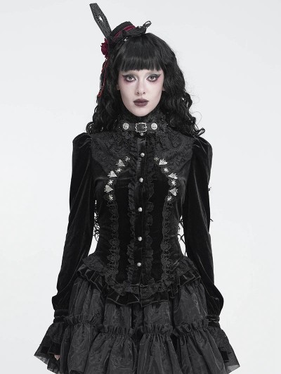 Devil Fashion Black Gothic Spider Web Studded Ruffle Tailed Shirt for Women