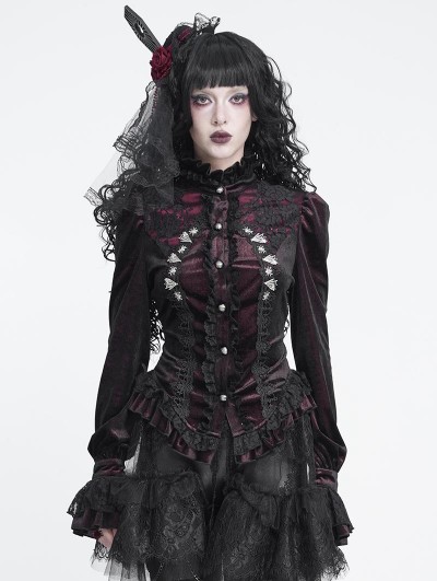 Devil Fashion Wine Red Gothic Spider Web Studded Ruffle Tailed Shirt for Women