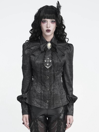 Devil Fashion Black Retro Gothic Batwing Collar Button-Up Shirt  for Women