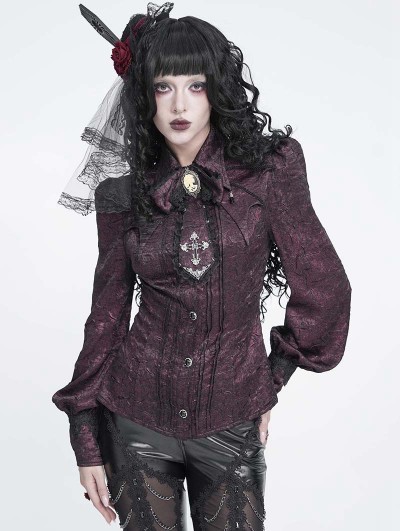 Devil Fashion Wine Red Retro Gothic Batwing Collar Button-Up Shirt for Women