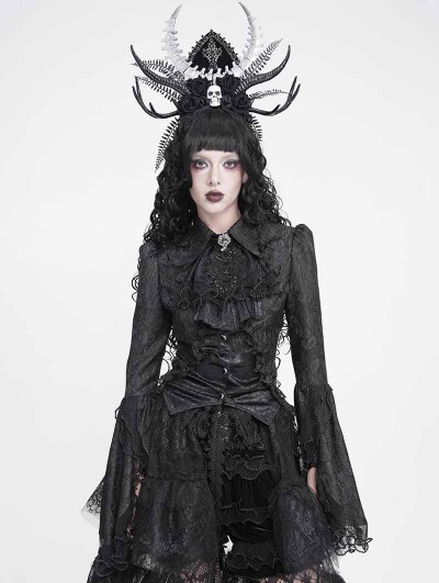 Devil Fashion Black Retro Gothic Beaded Ruffle Swallow-Tailed Shirt for Women