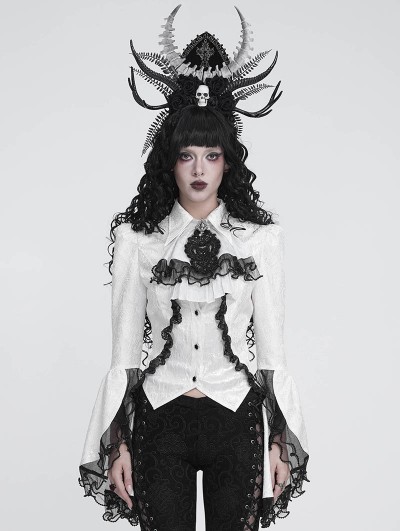 Devil Fashion White Retro Gothic Beaded Ruffle Swallow-Tailed Shirt for Women