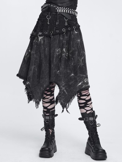 Devil Fashion Black Gothic Punk Irregular Eyelet Distressed Skirt