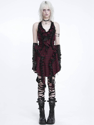 Devil Fashion Red Plaid Gothic Halter Sleeveless Back Zip Ruffle Mini Dress