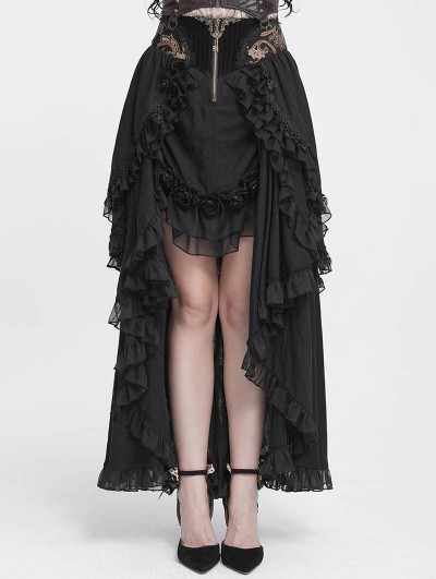 Devil Fashion Black Vintage Gothic Rose Layered Ruffle High-Low Skirt