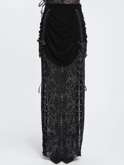 Devil Fashion Black Gothic Flocked Mesh Velvet Ruched Slit Maxi Skirt