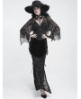 Devil Fashion Black Gothic Flocked Mesh Velvet Ruched Slit Maxi Skirt