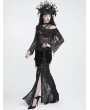 Devil Fashion Black Gothic Flocked Mesh Velvet Ruched Slit Maxi Skirt