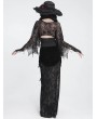 Devil Fashion Black Gothic Flocked Mesh Velvet Ruched Slit Maxi Skirt