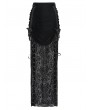 Devil Fashion Black Gothic Flocked Mesh Velvet Ruched Slit Maxi Skirt