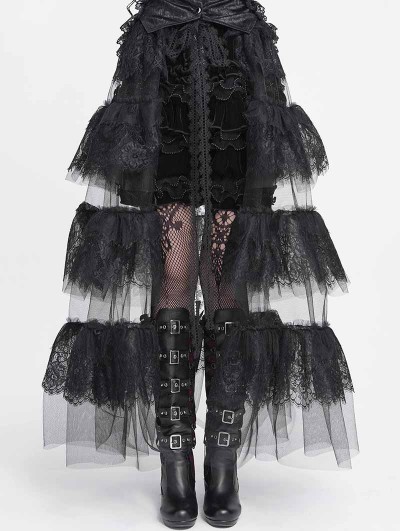 Devil Fashion Black Gothic Floral Lace Layered Mesh Long Apron Skirt