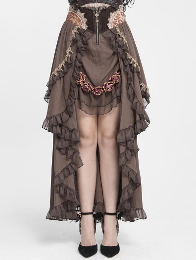Devil Fashion Brown Vintage Gothic Rose Layered Ruffle High-Low Skirt