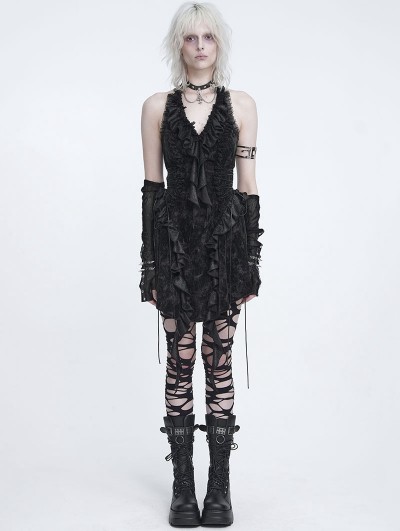 Devil Fashion Black Gothic Halter Sleeveless Back Zip Ruffle Mini Dress