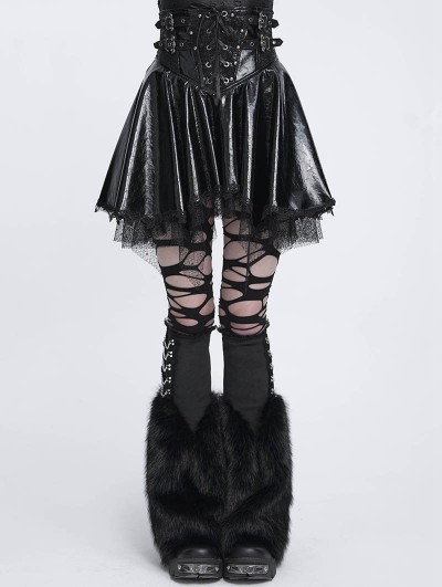Devil Fashion Black Gothic Punk Corset Leather Mesh Ruffle Mini Skirt