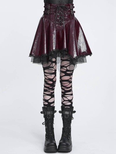 Devil Fashion Wine Red Gothic Punk Corset Leather Mesh Ruffle Mini Skirt