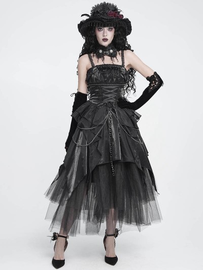 Devil Fashion Black Gothic Skeleton Hand Lace Ruffle Strap Tube Dress