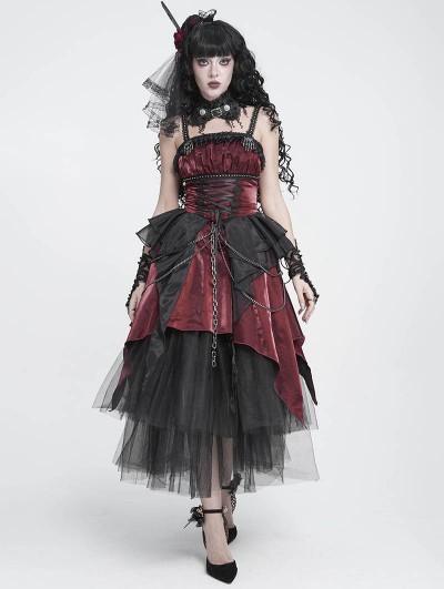 Devil Fashion Black and Red Gothic Skeleton Hand Lace Ruffle Strap Tube Dress