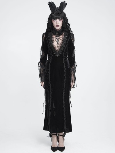 Devil Fashion Black Gothic Lace Patchwork Velvet Mermaid Maxi Dress