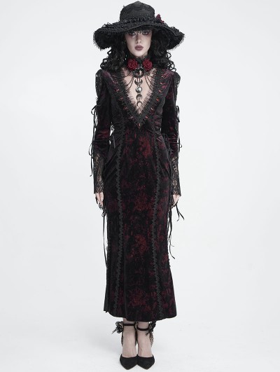 Devil Fashion Black and Red Gothic Lace Patchwork Velvet Mermaid Maxi Dress