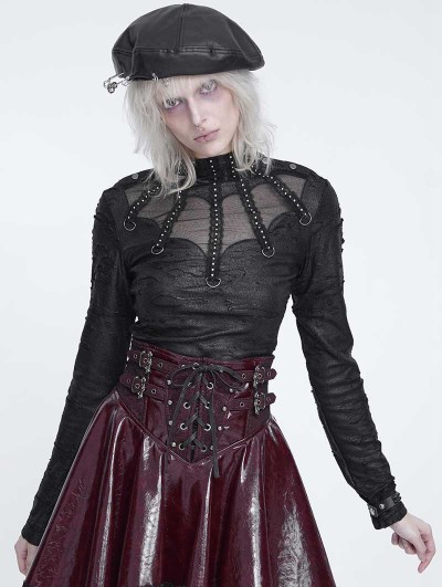 Devil Fashion Black Gothic Distressed Rivet Long Sleeve Top for Women