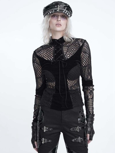 Devil Fashion Black Gothic Asymmetrical Patterned Net Top for Women