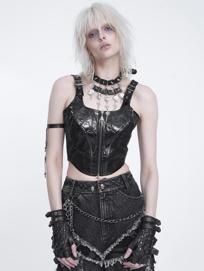 Devil Fashion Black Gothic Punk Buckle Strap Crop Tank Top for Women