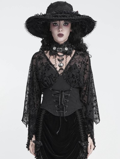 Devil Fashion Black Gothic Off-the-Shoulder Floral Web Mesh Top for Women