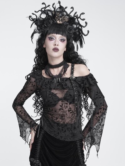 Devil Fashion Black Gothic Asymmetrical Shoulder Ruched Top for Women