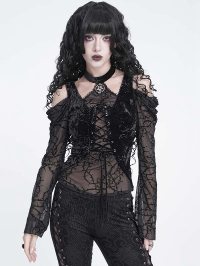 Devil Fashion Black Gothic Halter Cutout Cold Shoulder Top for Women