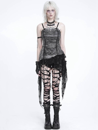 Devil Fashion Grey Gothic Punk Spiked Chain Irregular Tank Top for Women