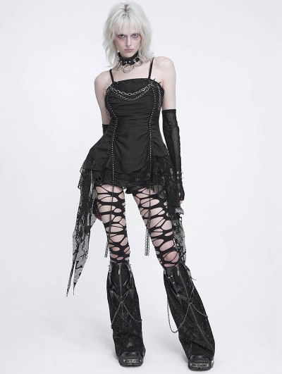 Devil Fashion Black Gothic Punk Spiked Chain Irregular Tank Top for Women