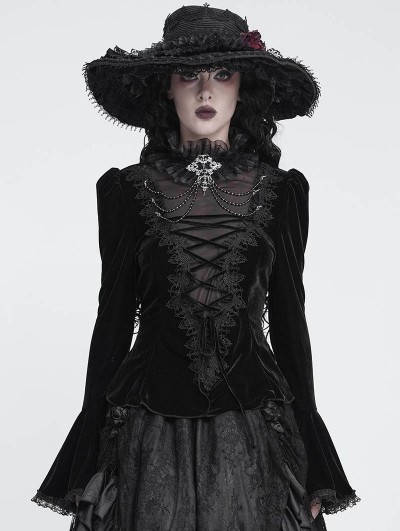 Devil Fashion Black Retro Gothic Lace Appliqued Velvet Shirt for Women