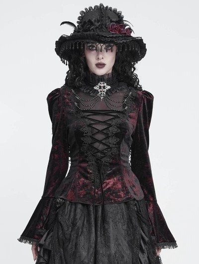 Devil Fashion Wine Red Retro Gothic Lace Appliqued Velvet Shirt for Women