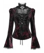 Devil Fashion Wine Red Retro Gothic Lace Appliqued Velvet Shirt for Women