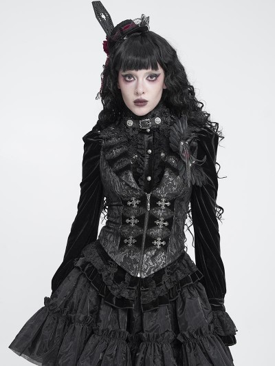 Devil Fashion Black Retro Gothic Patterned Swallowtail Waistcoat for Women