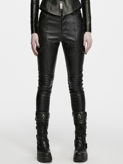 Punk Rave Black Gothic Cyberpunk Faux Leather Pants for Women