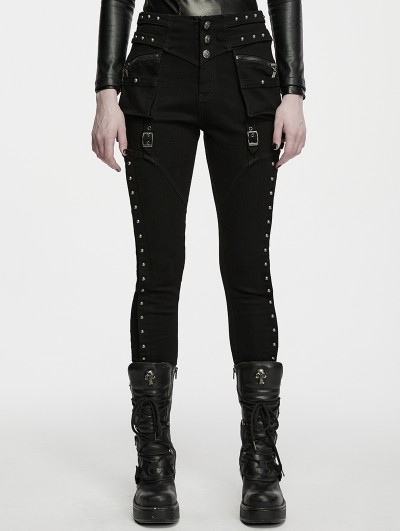 Punk Rave Black Gothic Punk Studded Cool Slim Pants for Women