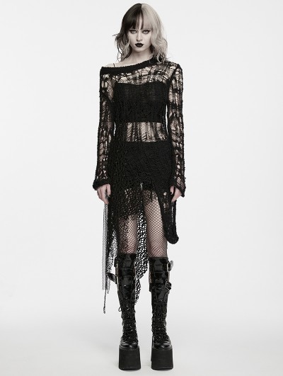 Punk Rave Black Gothic Irregular Tattered Woolen Dress