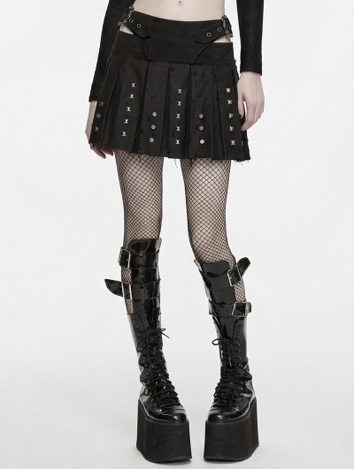 Punk Rave Black Denim Gothic Punk Decadent Pleated Skirt