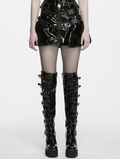 Punk Rave Black Gothic Punk Patent Leather Fur Trim Skirt