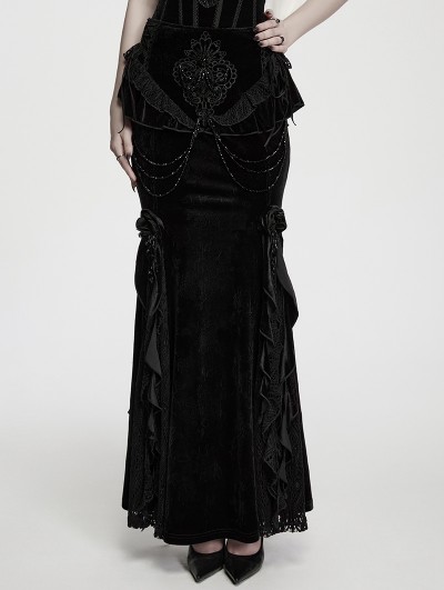 Punk Rave Black Gothic Ruffles Lace Velvet Fishtail Maxi Skirt