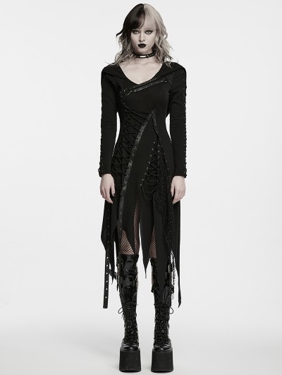 Punk Rave Black Gothic Punk Hooded Asymmetrical Dress