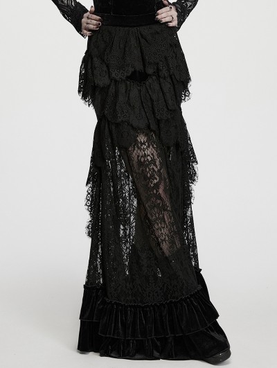 Punk Rave Black Gothic Layered Ruffles Lace Mermaid Maxi Skirt