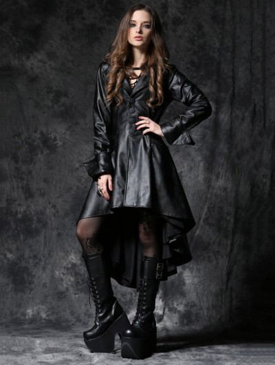 Dark in Love Black Gothic Leather Dovetail Robe Jacket with Eyelets Cap