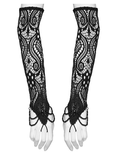 Punk Rave Black Gothic Crystal Beaded Lace Gloves